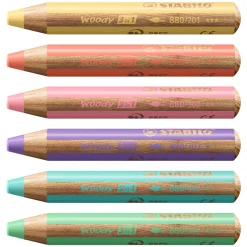 Woody 3-in-1 Färgpennor Pastell 6-set + vässare (3 år+)